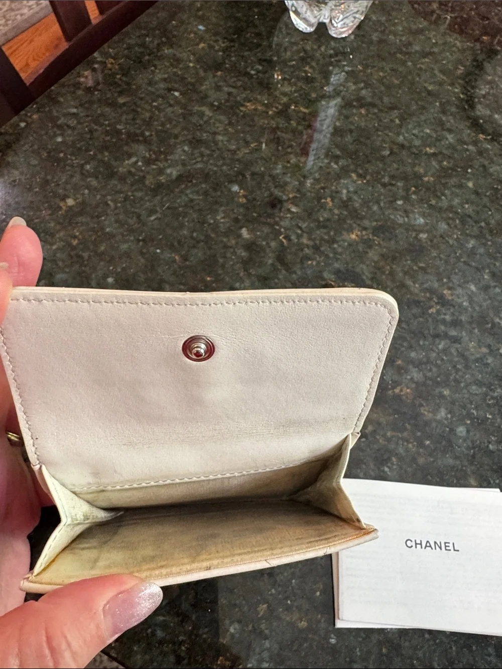 CHANEL Quilted Small Wallet in Light Beige with Black CC Logo